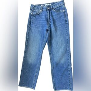 Mango women's high-rise straight-leg jeans in a medium blue wash.  Size 4.
